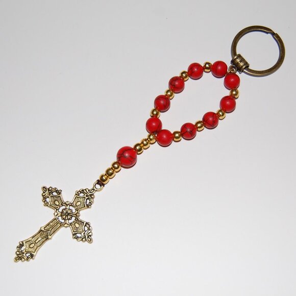 Rosary Keychain,Red Howlite Stone Beads,Pray,Gift for loved One - Picture 2 of 2